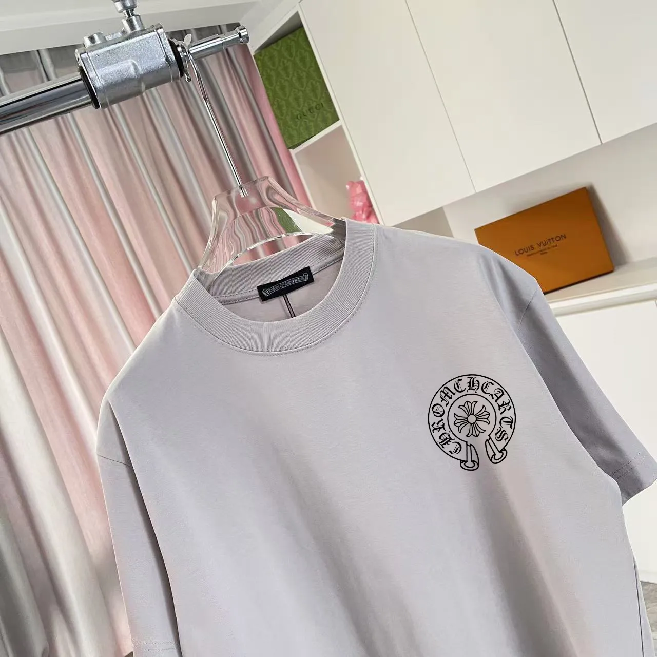 🅿️170 ch Cro* 2025 summer new style Sanskrit cross horseshoe print short-sleeved T-shirt customized fabric 300g same style for men and women Size: S M L XL XXL five sizes Color: black white pink iron gray